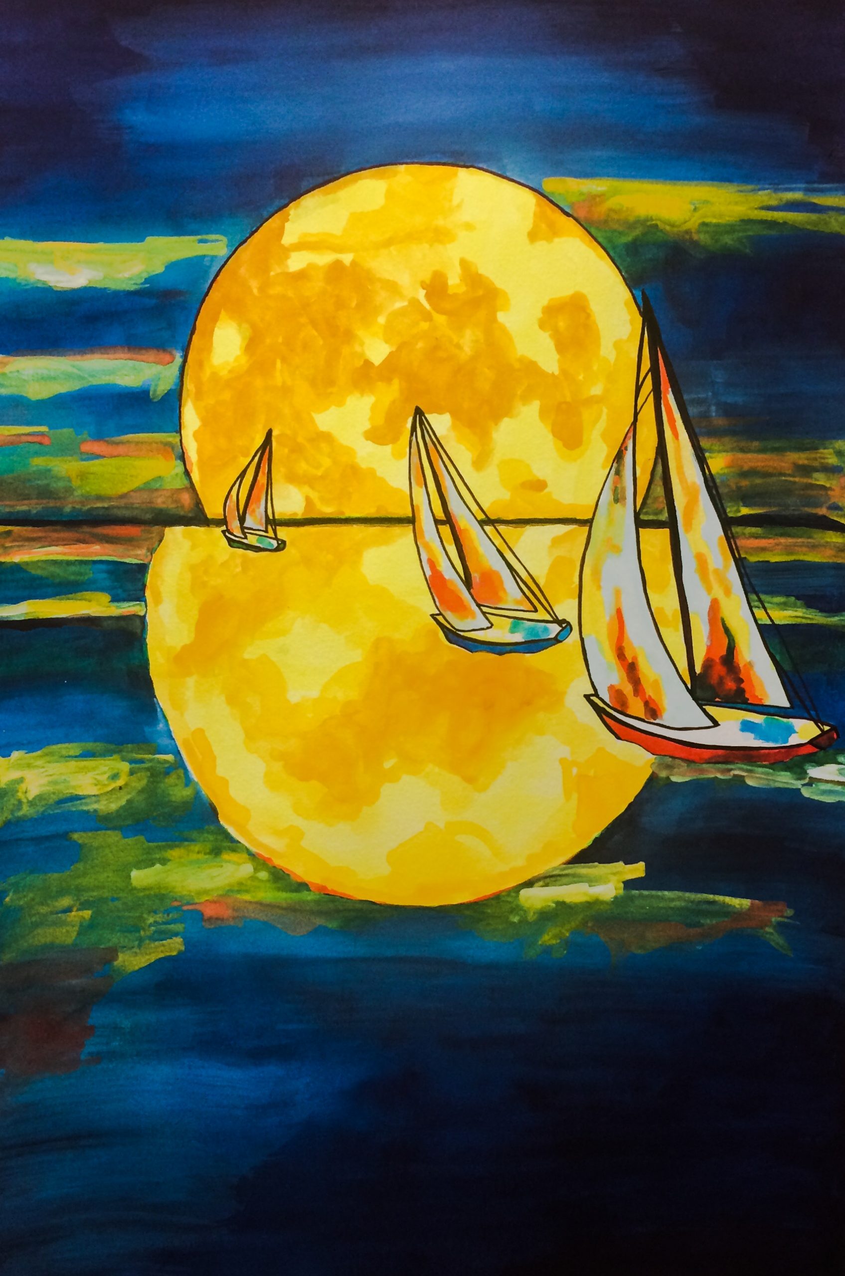 Sailboats sailing under the moonlight