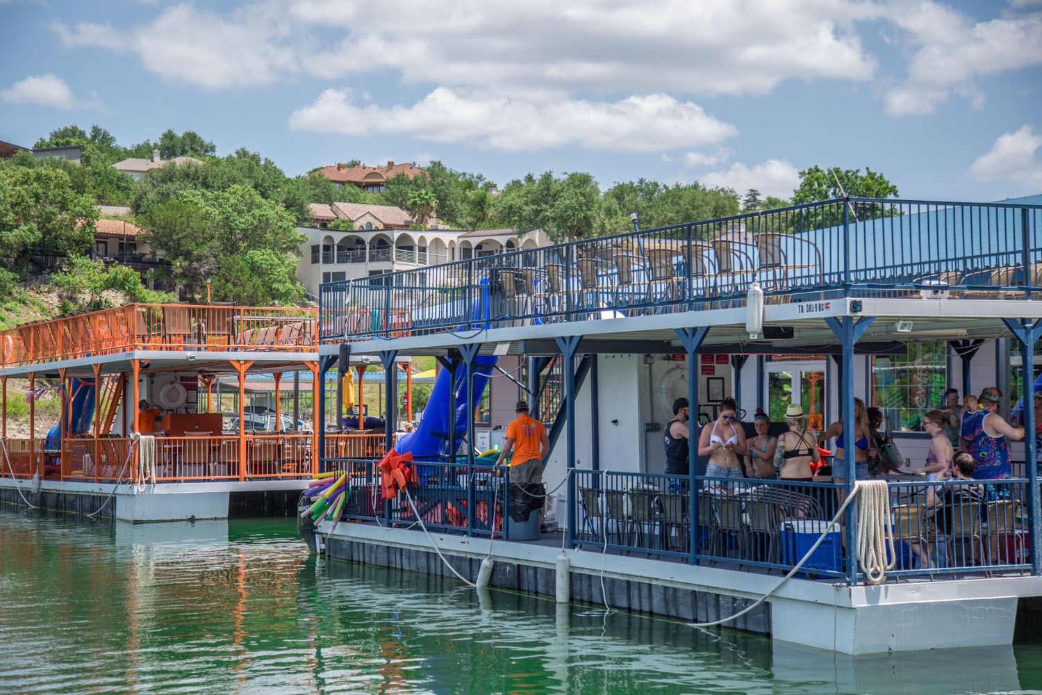 Double Decker Party Boats with slides at Lakeway Marina on Lake Travis.