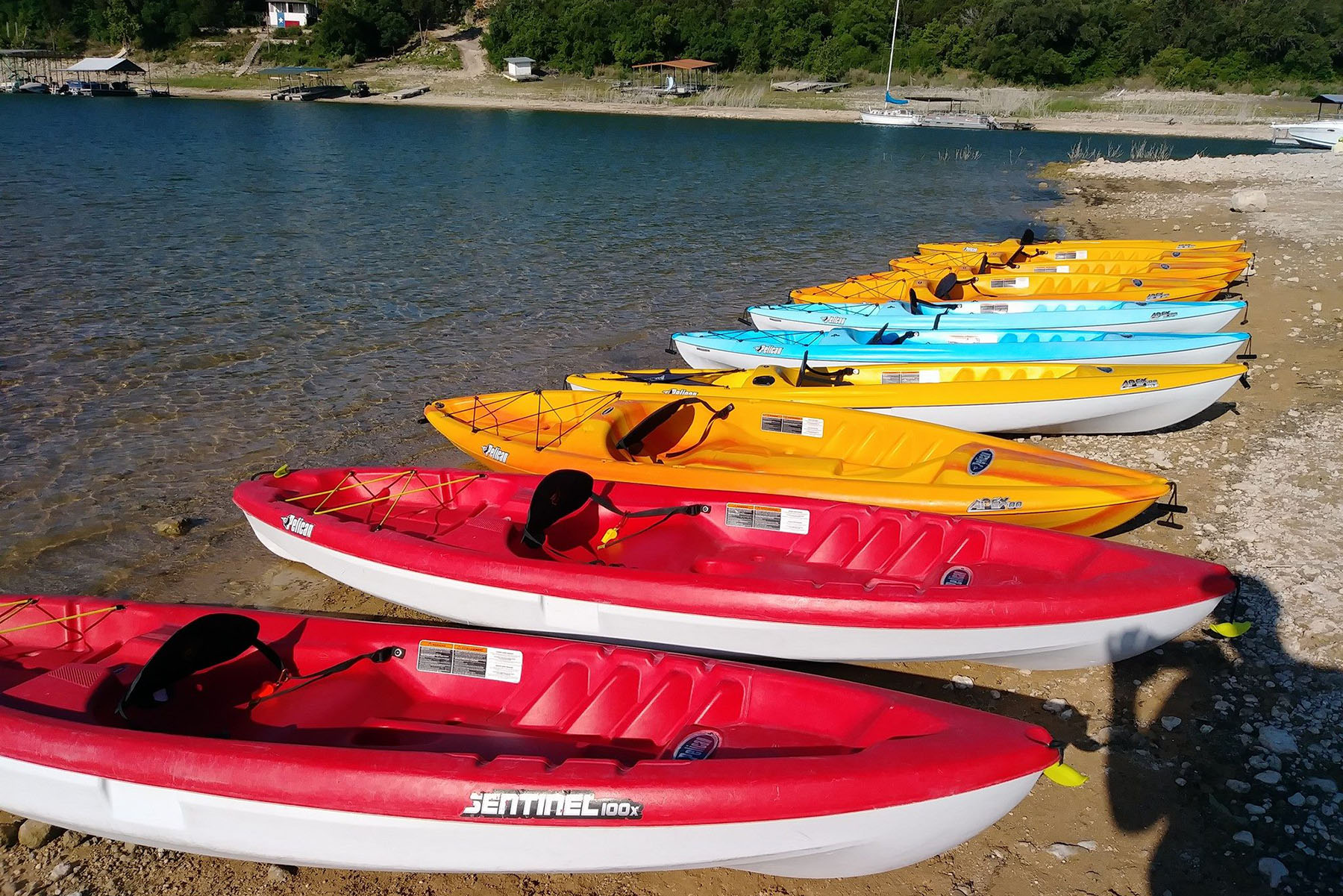 Just some of the fleet at Viking Ship Kayak Rentals on Lake Travis.