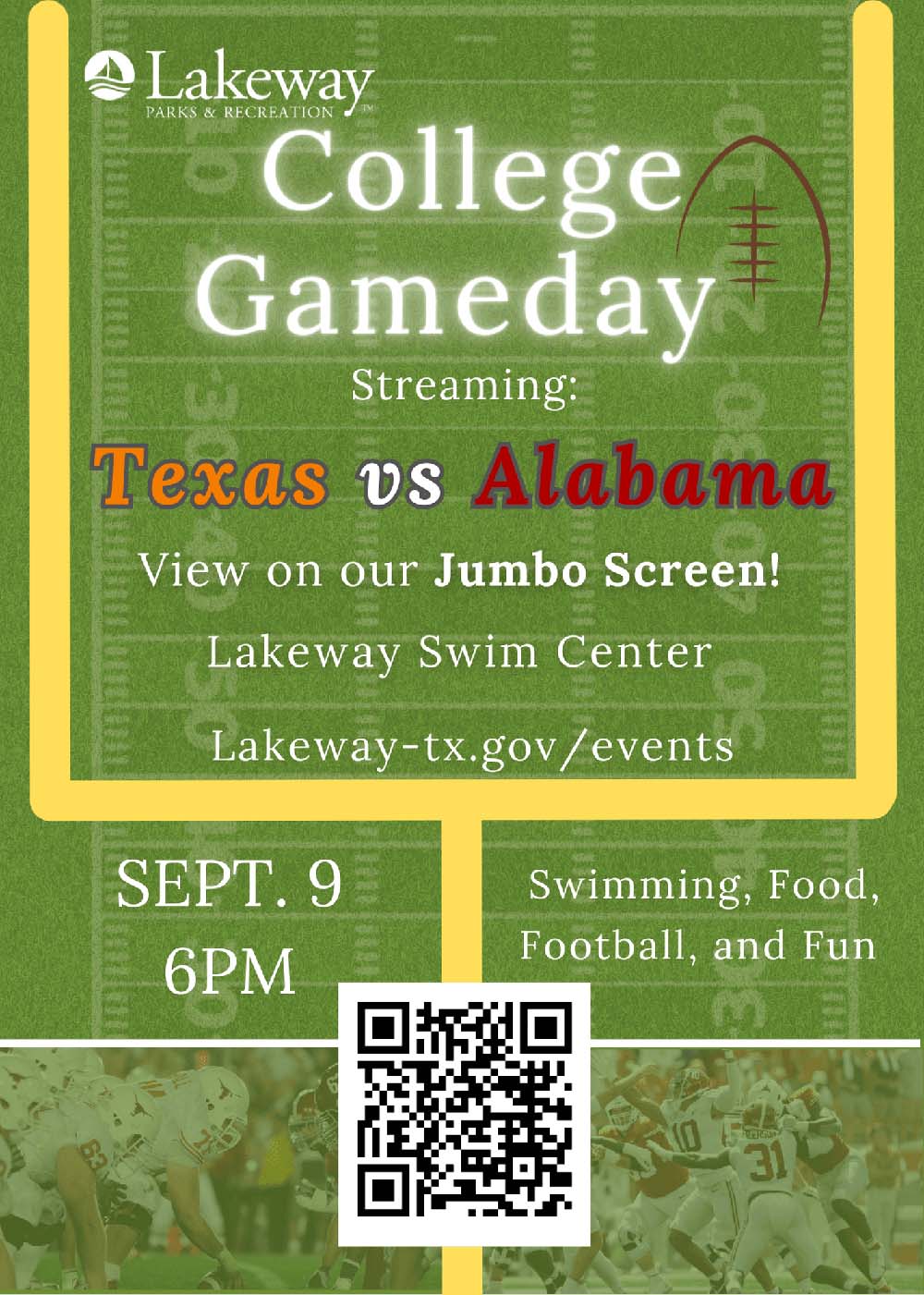 College Gameday Texas vs Alabama - Streaming at Lakeway Swim Center